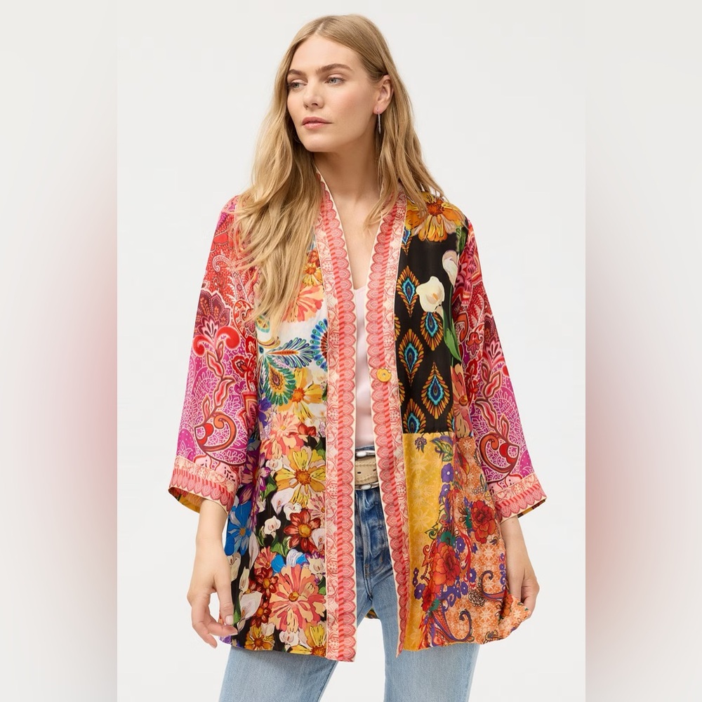 Johnny Was Reversible Colorful Floral Patchwork Silk Kimono Cardigan, M. NWT.